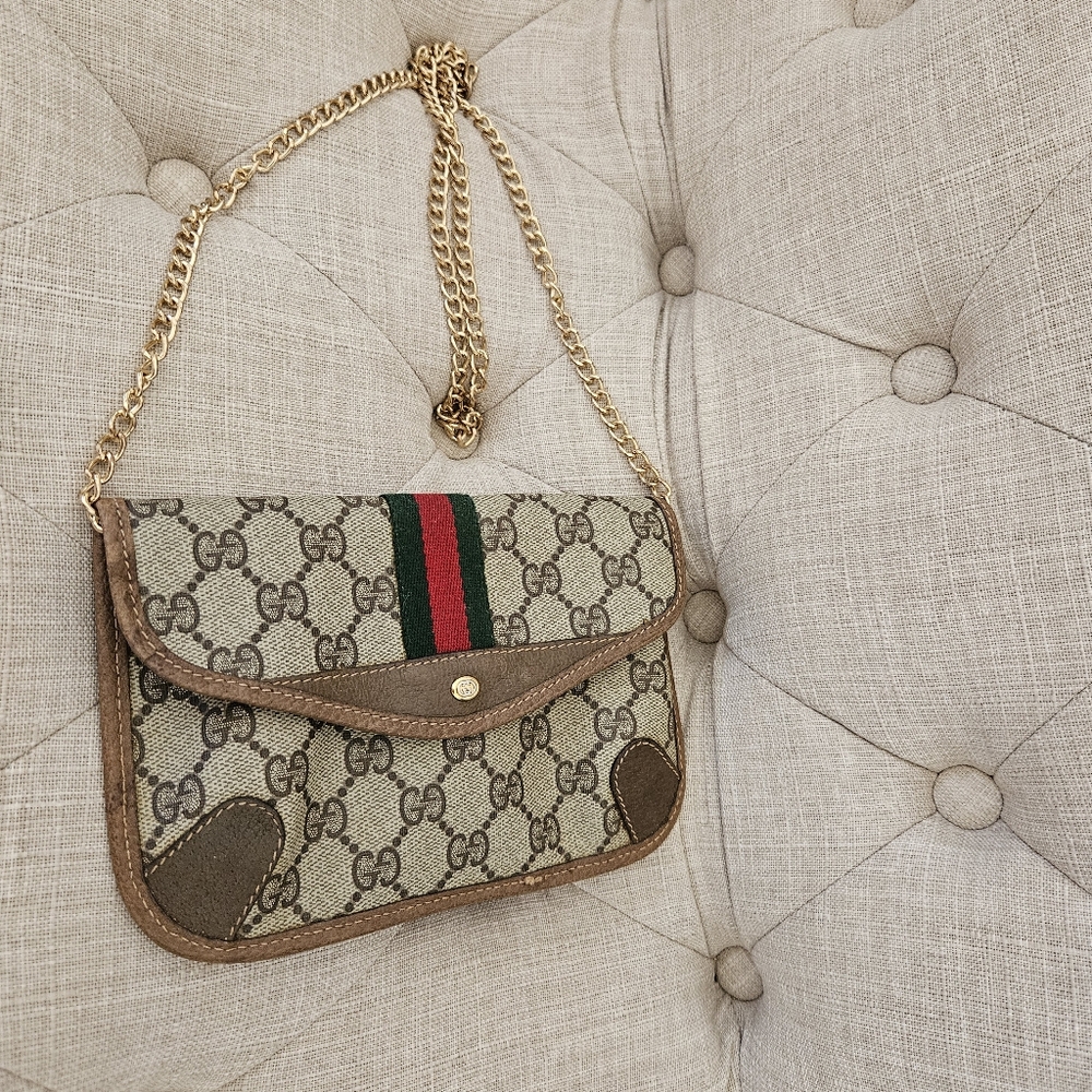 Authentic 1980s Vintage GUCCI GG Monogram Canvas Pouch Brown